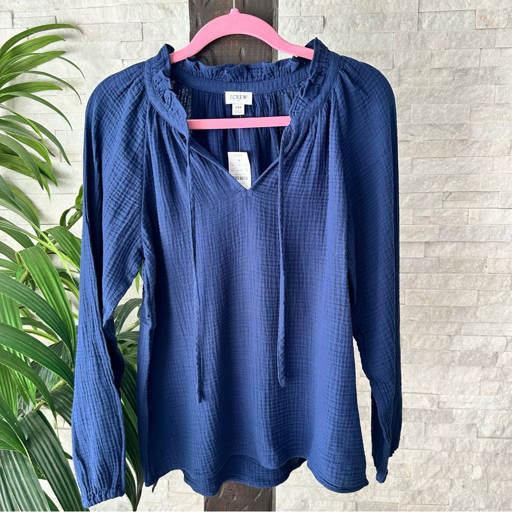 J. Crew Long-sleeve tie-neck Coastal Blouse Cotton Gauze Petite M New with Tags